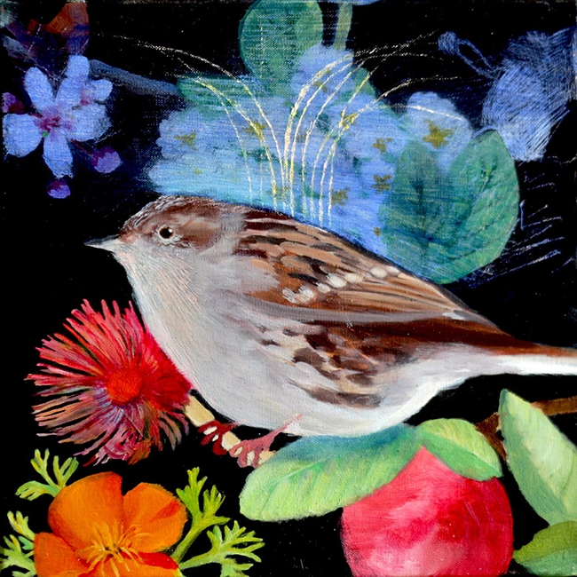 Peinture à l’huile de l’oiseau accenteur mouchet choisi à partir de l’Observatoire des oiseaux des jardins de la ligne pour la protection des oiseaux (LPO), format 25x25cm