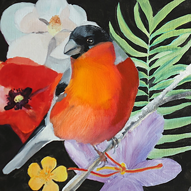 Peinture à l’huile de l’oiseau pic épeichette (Dryobates minor) créé à partir de la photographie de J. Fouarge visible sur le site oiseaux.net, format 25x25cm