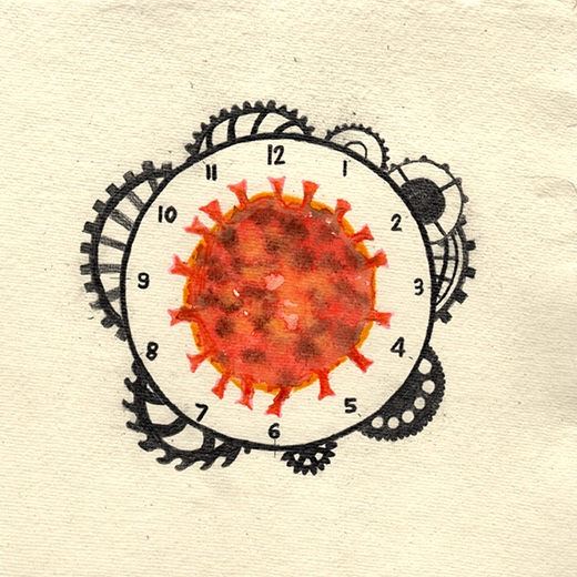 Dessin au crayon, aquarelle et feutre réalisé durant la pandémie de Covid 19 à partir des informations diffusées dans la presse, à la TV et à la radio. Image du virus SARS-CoV-2