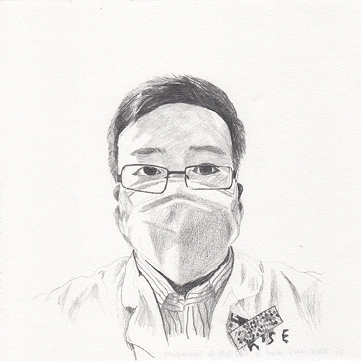 Dessin au crayon réalisé durant la pandémie de Covid 19 à partir des informations diffusées dans la presse, à la TV et à la radio. Le Docteur Li Wenliang est le lanceur d'alerte de cette pandémie.