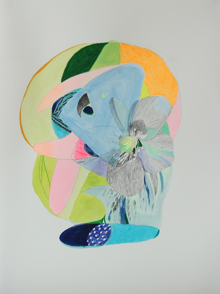 Dessin contemporain d’une chimère mélangeant les formes du vivant avec un mélange de crayons et de couleurs fluo sensibles à la lumière noire