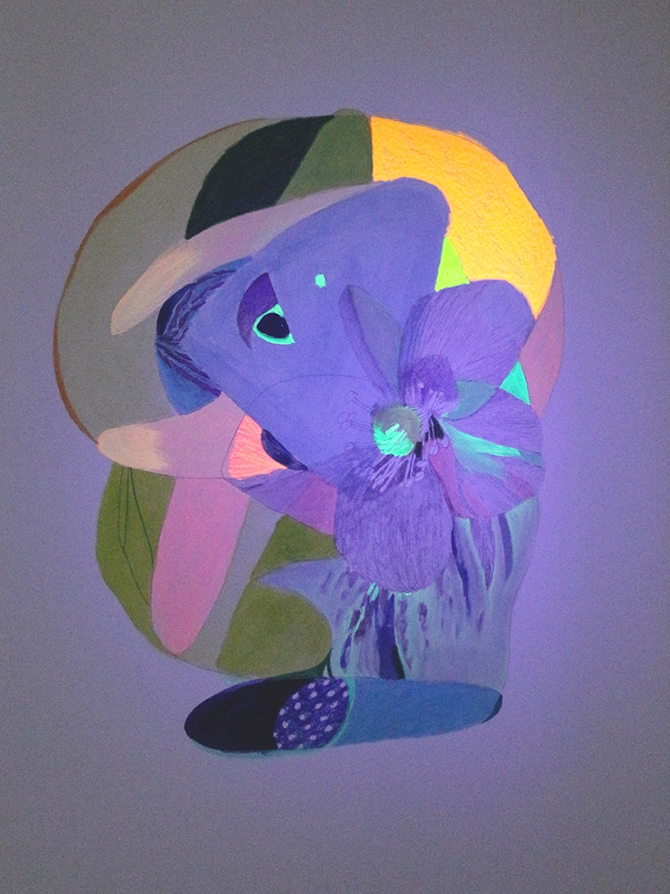 Dessin contemporain d’une chimère mélangeant les formes du vivant avec un mélange de crayons et de couleurs fluo sensibles à la lumière noire