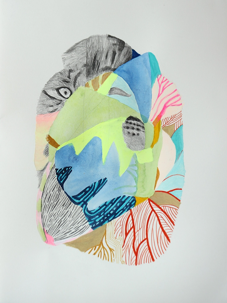 Dessin contemporain d’une chimère mélangeant les formes du vivant avec un mélange de crayons et de couleurs fluo sensibles à la lumière noire