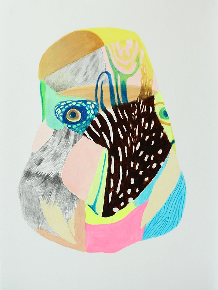 Dessin contemporain d’une chimère mélangeant les formes du vivant avec un mélange de crayons et de couleurs fluo sensibles à la lumière noire