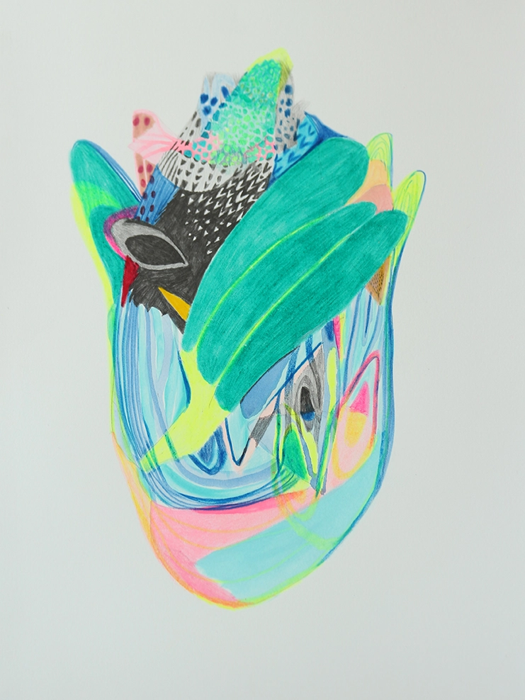 Dessin contemporain d’une chimère mélangeant les formes du vivant avec un mélange de crayons et de couleurs fluo sensibles à la lumière noire