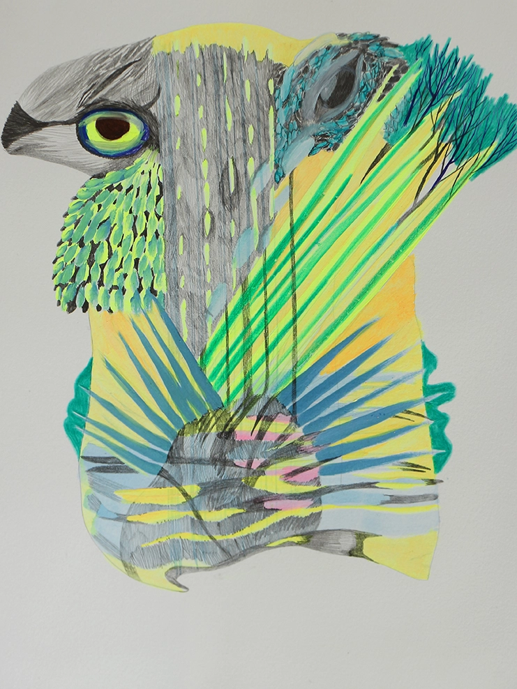 Dessin contemporain d’une chimère mélangeant les formes du vivant avec un mélange de crayons et de couleurs fluo sensibles à la lumière noire