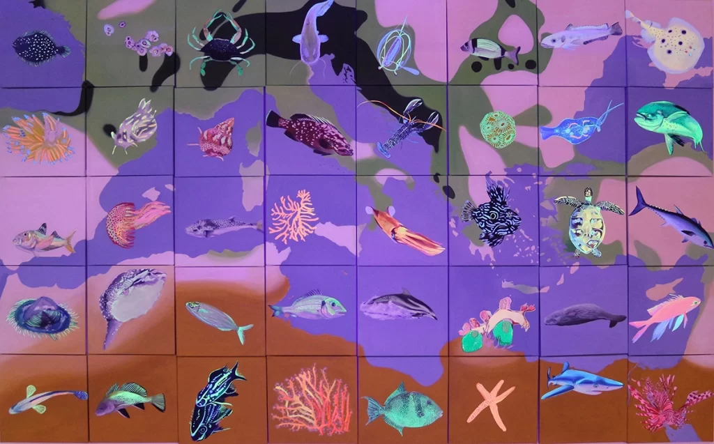 Peinture à l'huile d’espèces de la mer Méditerranée (corail rouge, tortue verte, méduse pelage…) composée de 40 toiles représentant en fond le pourtour méditerranéen