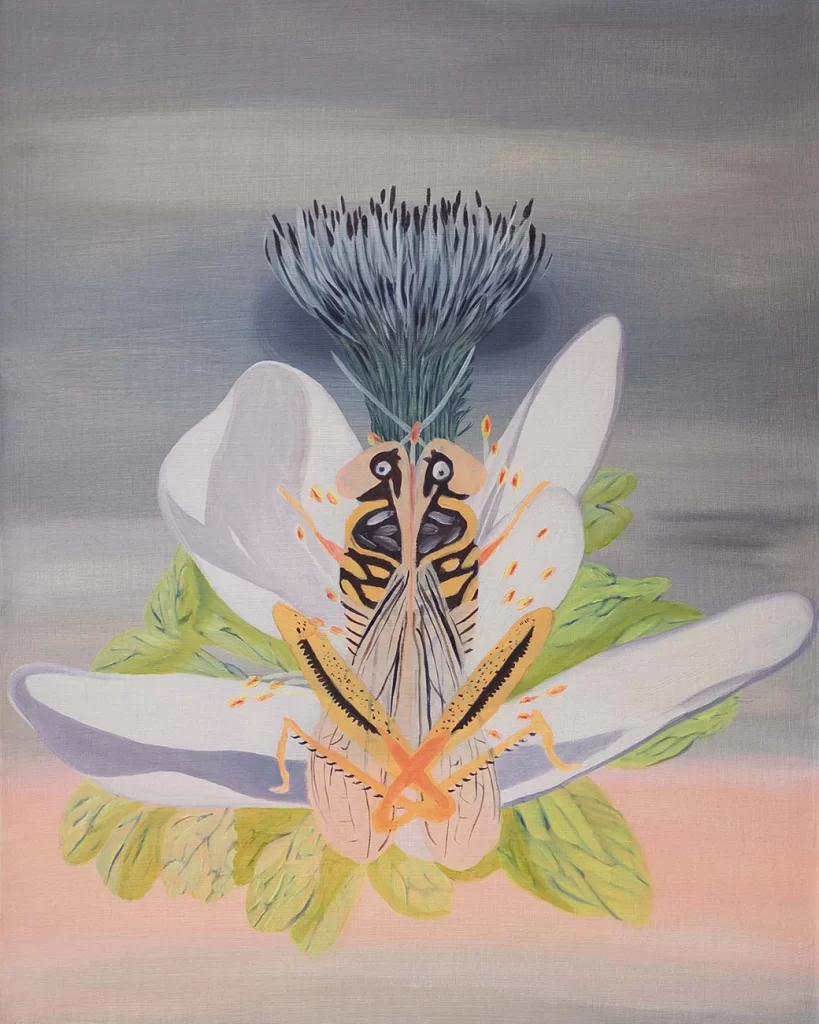 tableau peinture sauterelle, centaure et autres espèces sous forme de chimère, huile sur toile de lin, format 50x40cm réalisé à partir des données de la liste ZNIEFF