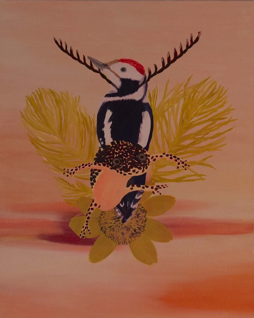tableau peinture pic mar, crapeau et autres espèces sous forme de chimère, huile sur toile de lin, format 50x40cm réalisé à partir des données de la liste ZNIEFF