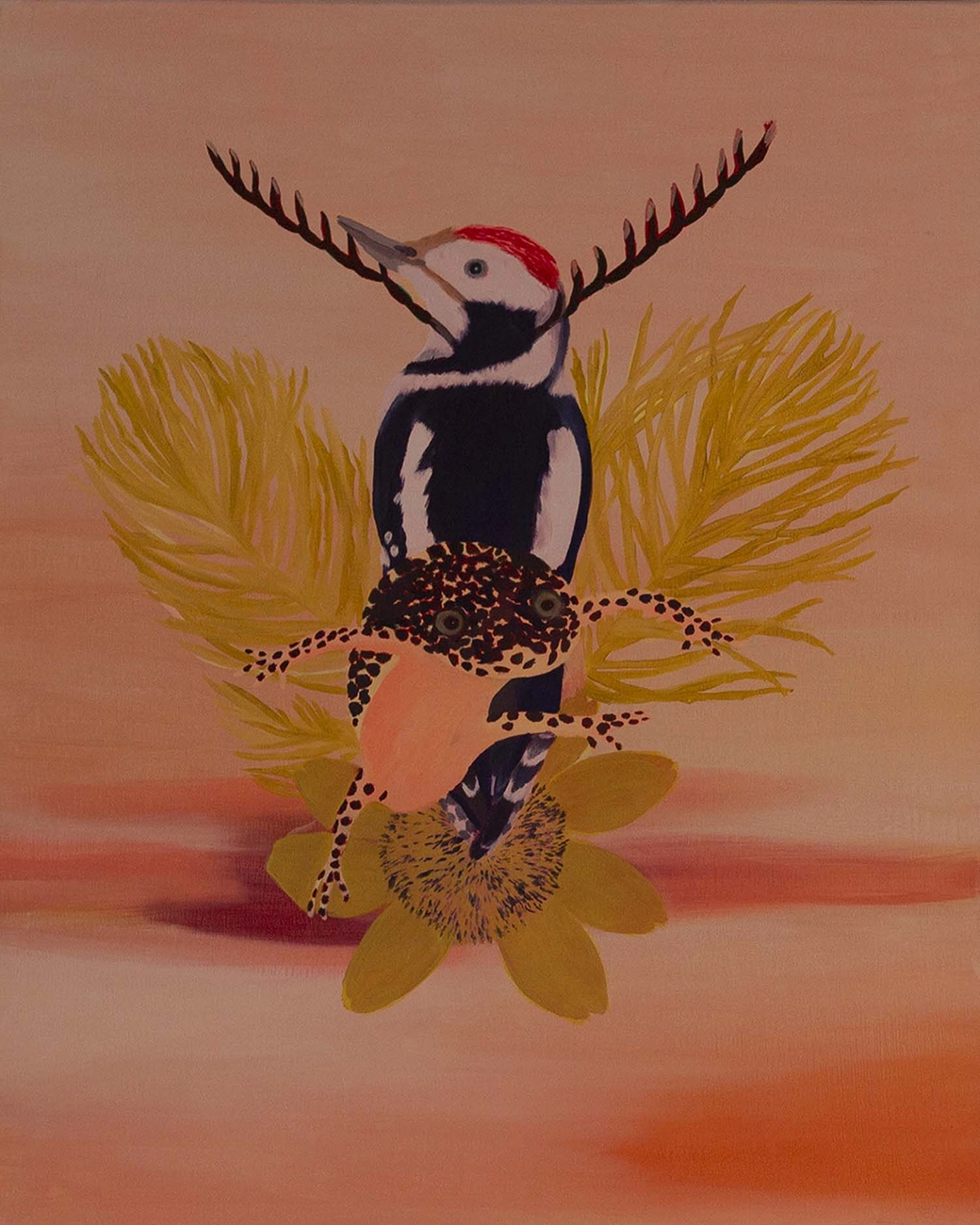 tableau peinture pic mar, crapeau et autres espèces sous forme de chimère, huile sur toile de lin, format 50x40cm réalisé à partir des données de la liste ZNIEFF