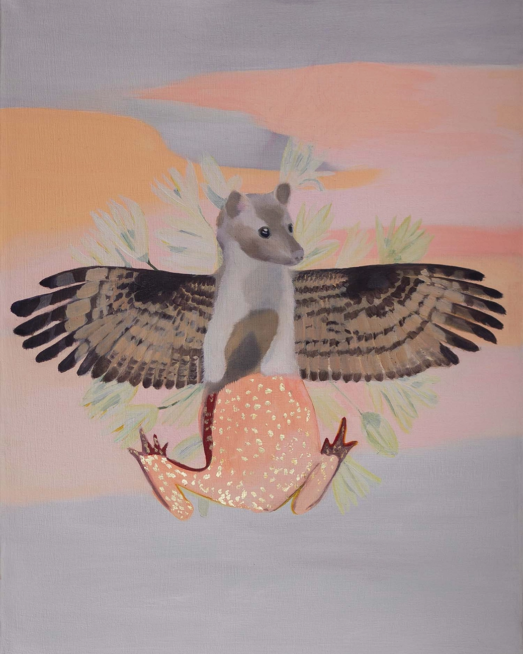 tableau peinture fouine, crapaud et autres espèces sous forme de chimère, huile sur toile de lin, format 50x40cm réalisé à partir des données de la liste ZNIEFF