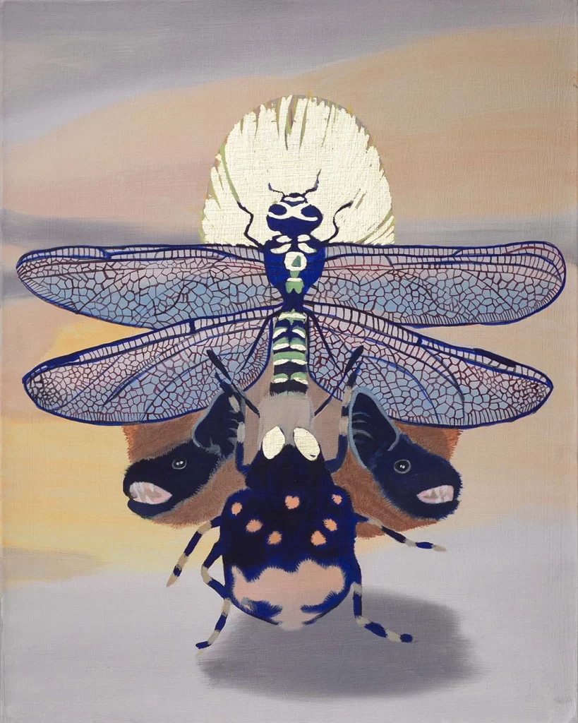 tableau libellule, chauve-souris et autres espèces sous forme de chimère, huile sur toile de lin, format 50x40cm réalisé à partir des données de la liste ZNIEFF