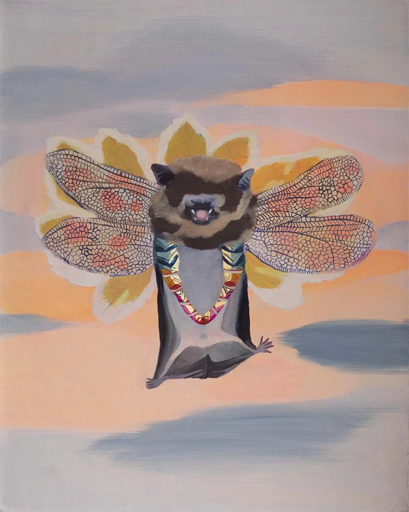 tableau libellule, chauve-souris et autres espèces sous forme de chimère, huile sur toile de lin, format 50x40cm réalisé à partir des données de la liste ZNIEFF