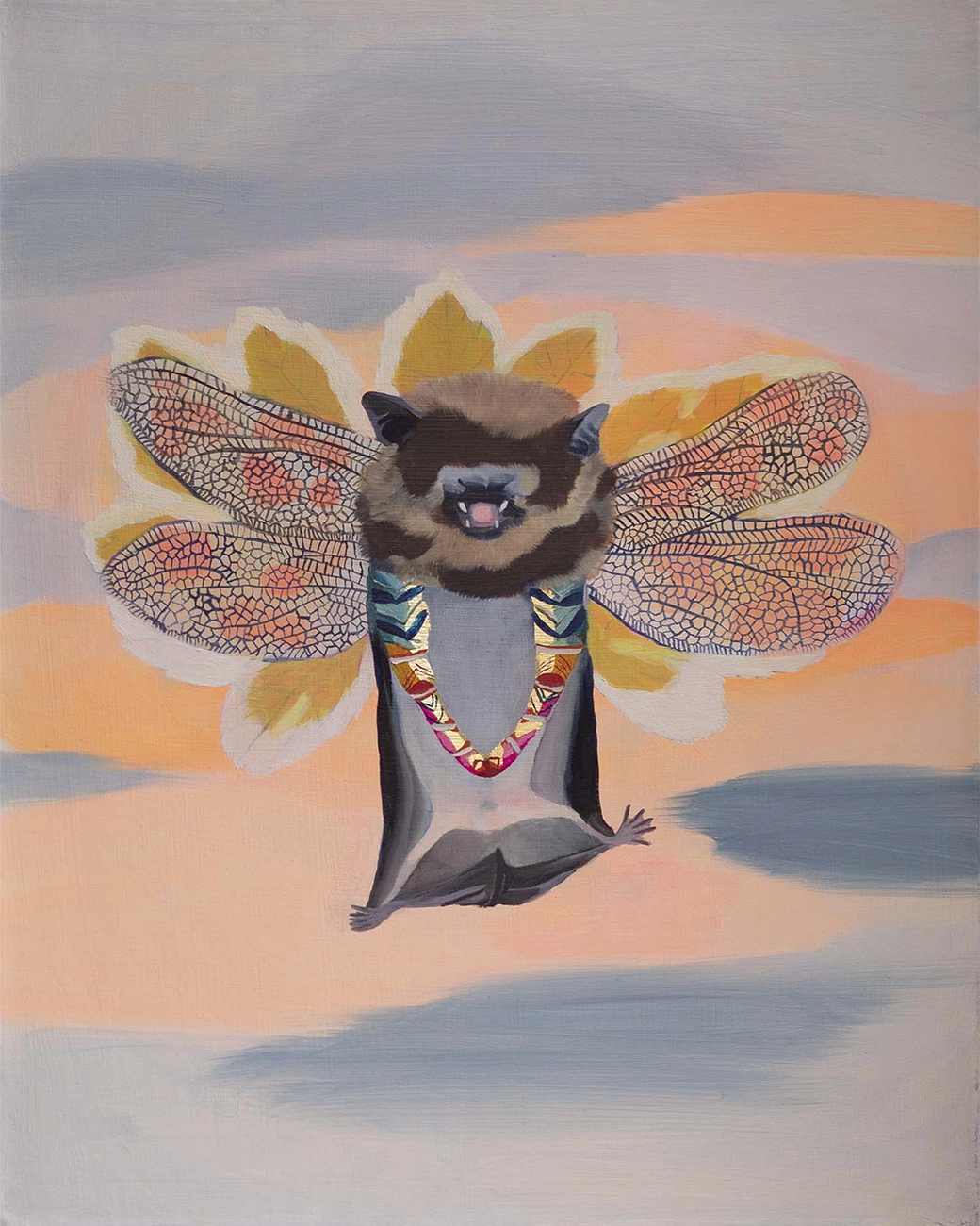 tableau libellule, chauve-souris et autres espèces sous forme de chimère, huile sur toile de lin, format 50x40cm réalisé à partir des données de la liste ZNIEFF