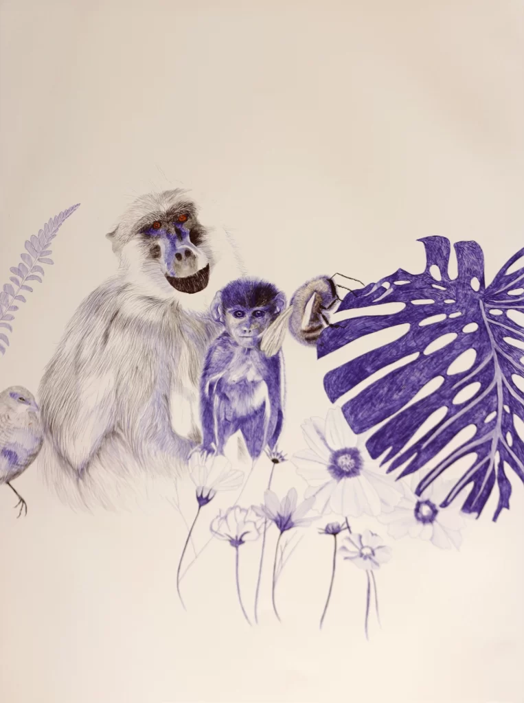 dessin d’espèces protégées ou menacée, Monstera deliciosa, Abeille, Cosmos, Babouin, Astrid Ondulé, format raisin 76x56cm