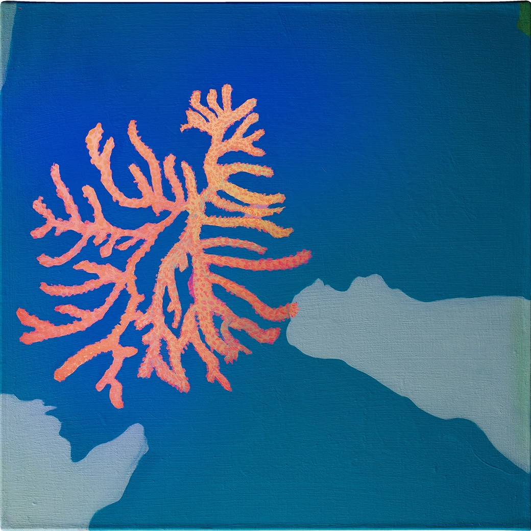 Peinture à l'huile d'une gorgone pourpre (Paramuricea clavata), espèce présente en Méditerranée, format 40x40cm
