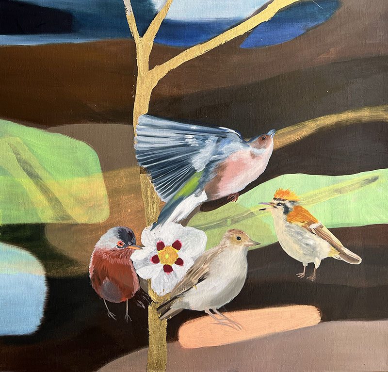 Peinture à l'huile d'oiseaux qui s'installent après un feu de forêt